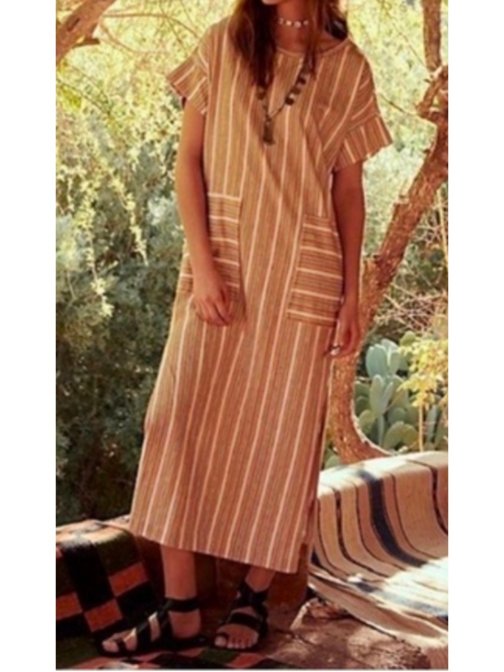 Free People Marguerite Striped Midi Maxi Dress Yellow Blue Cotton Shift Size S